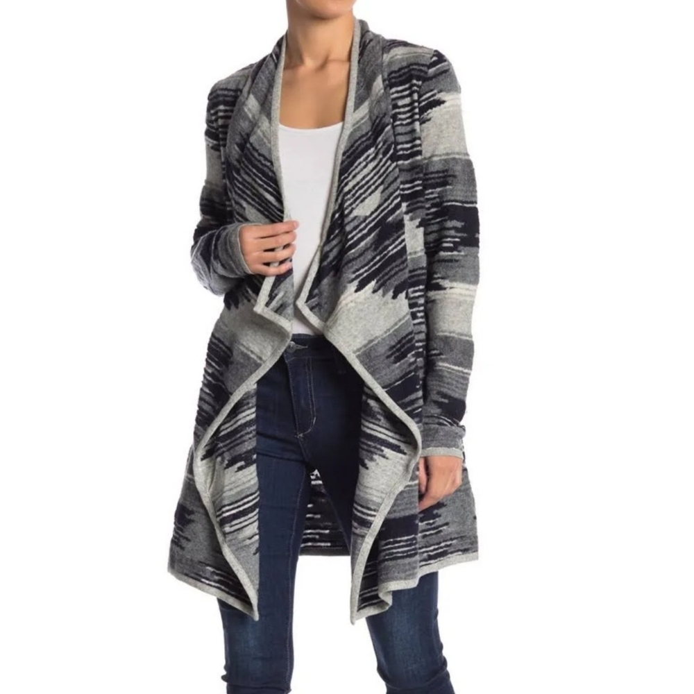 Lucky Brand Grey Southwestern Aztec Grey Black Boho Open Front Cardigan L